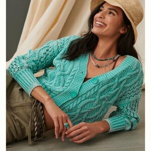 Pilcro Anthropologie Cable-Knit Cropped Aqua Cardigan Sweater Size XL